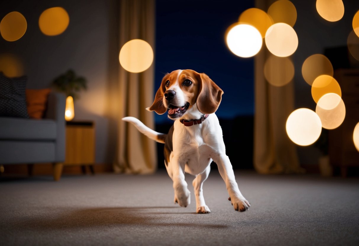 A beagle barking and running around in a dimly lit room at night