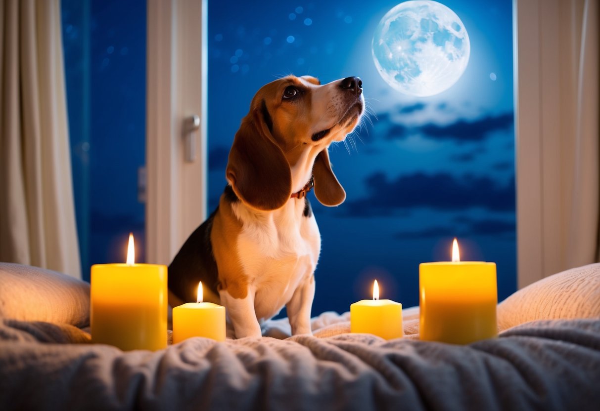 A beagle barks at the moonlit sky, surrounded by calming candles and a cozy bed