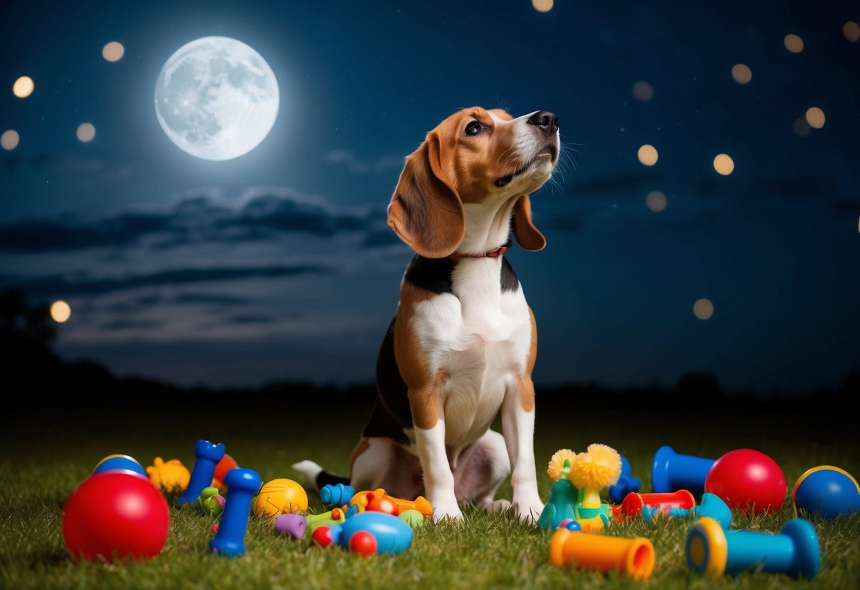 A beagle surrounded by scattered toys, howling at the moonlit night sky