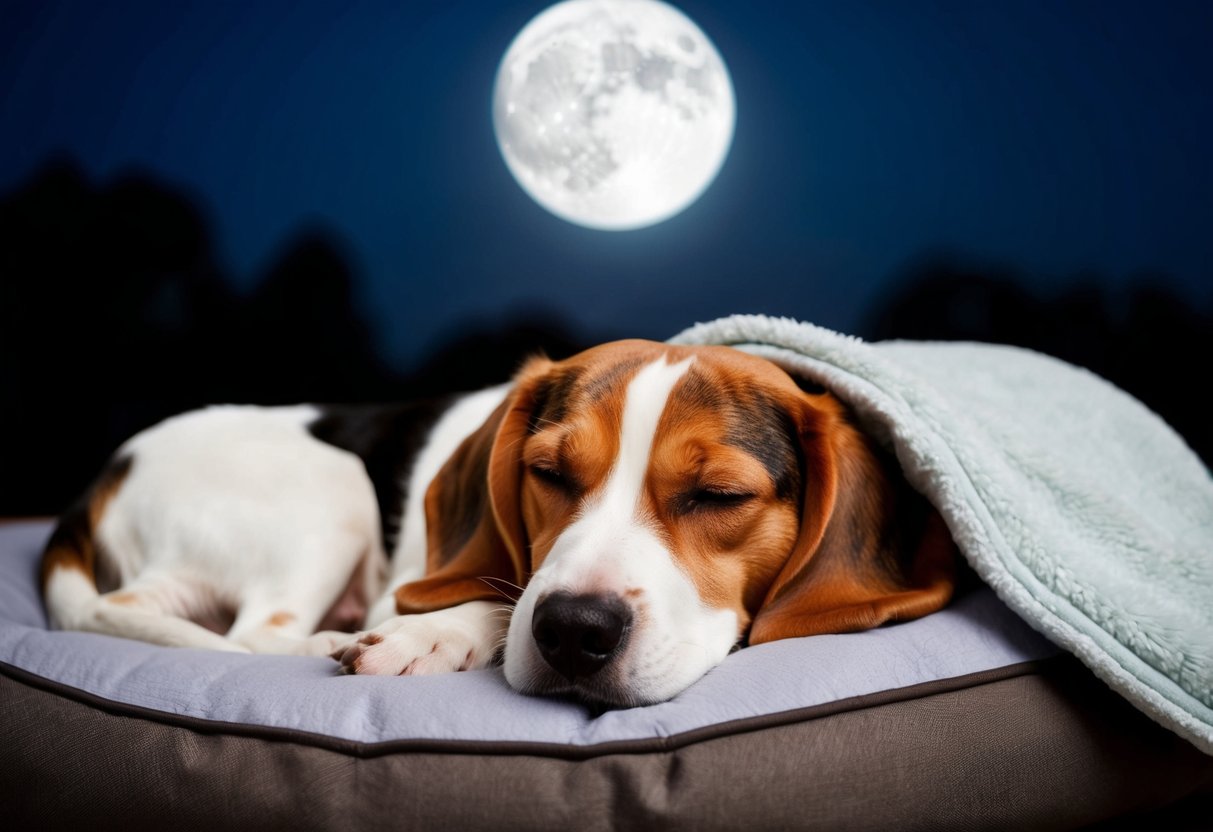 A beagle sleeps peacefully under the moonlight, curled up in a cozy dog bed with a soft blanket