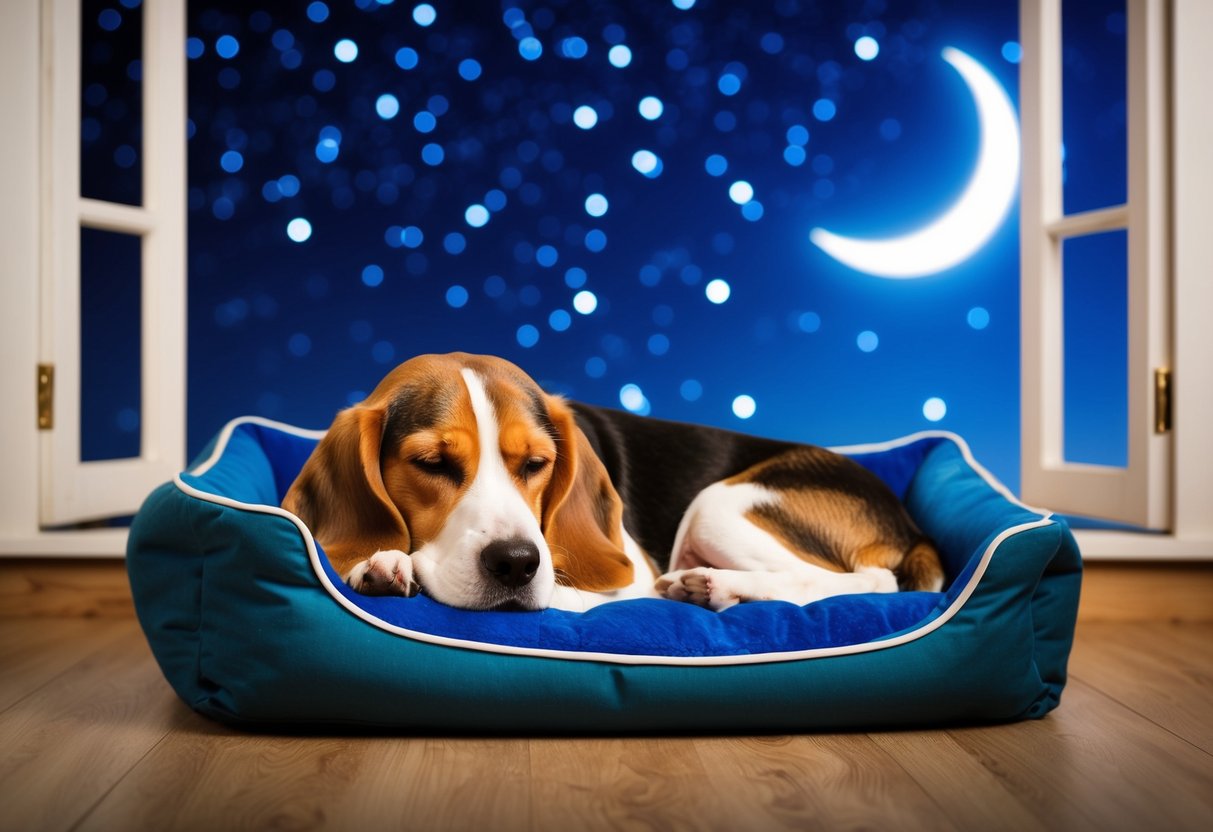 A beagle peacefully sleeping in a cozy dog bed under a starry night sky, with a crescent moon shining through the window