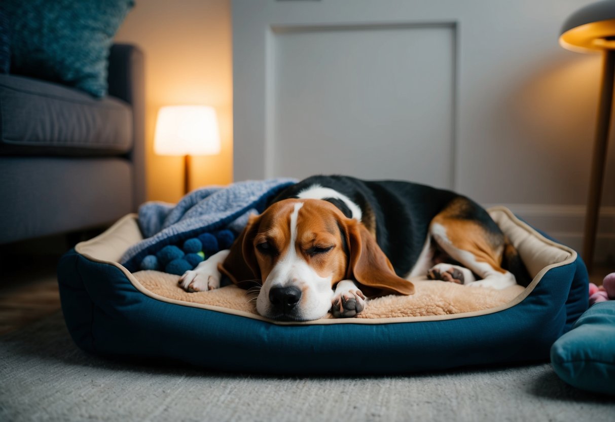 A beagle peacefully sleeps in a cozy dog bed, surrounded by soft blankets and toys, with a dim night light casting a warm glow in the room