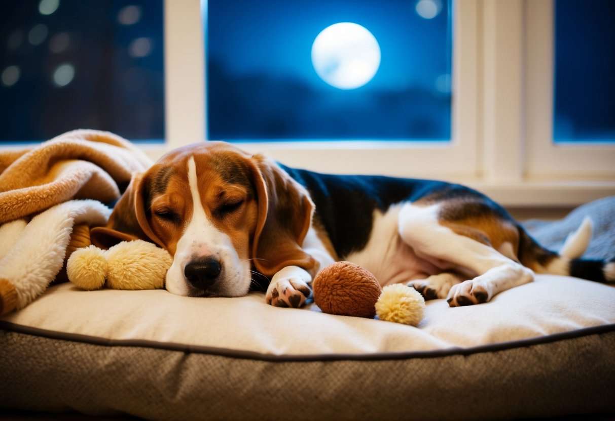 A beagle peacefully snoozes on a cozy dog bed, surrounded by soft toys and a warm blanket. Moonlight filters through the window, casting a gentle glow on the sleeping pup