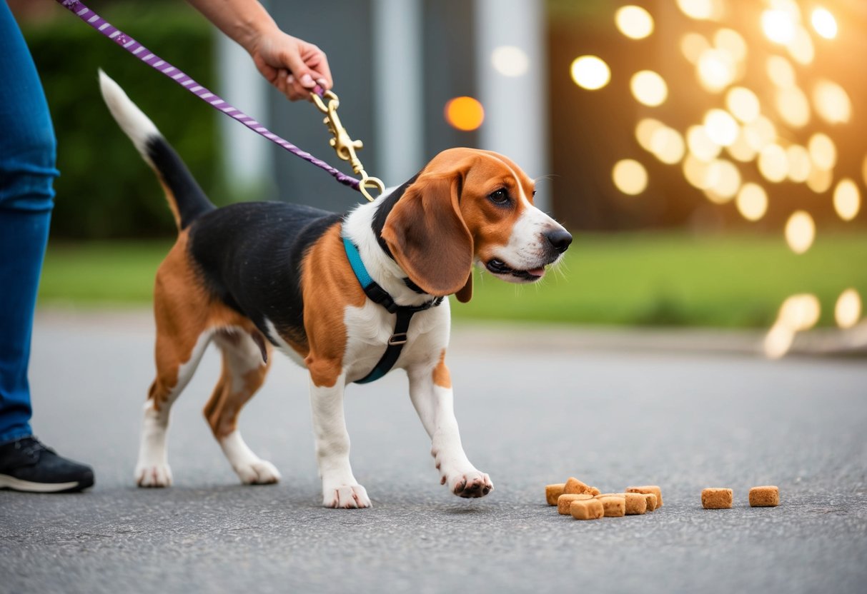 A beagle on a leash, pulling towards a distraction. A trainer using positive reinforcement and treats to redirect the dog's attention