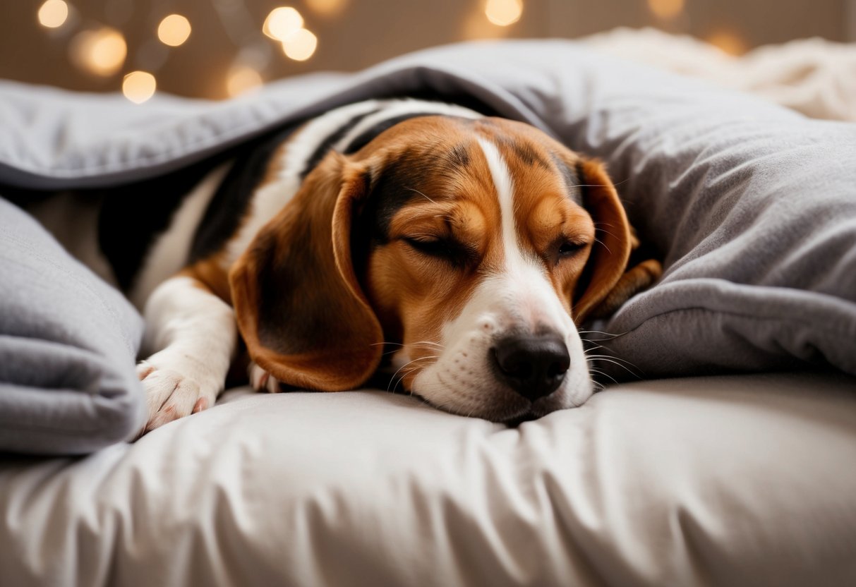 A beagle curls up in a cozy bed, nestled among soft blankets, with eyes closed and ears drooping as it peacefully sleeps