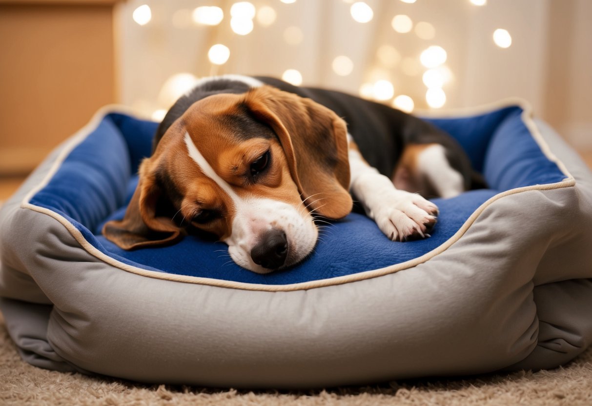 A beagle peacefully curls up in a cozy dog bed, surrounded by soft blankets, with its head resting on its paws