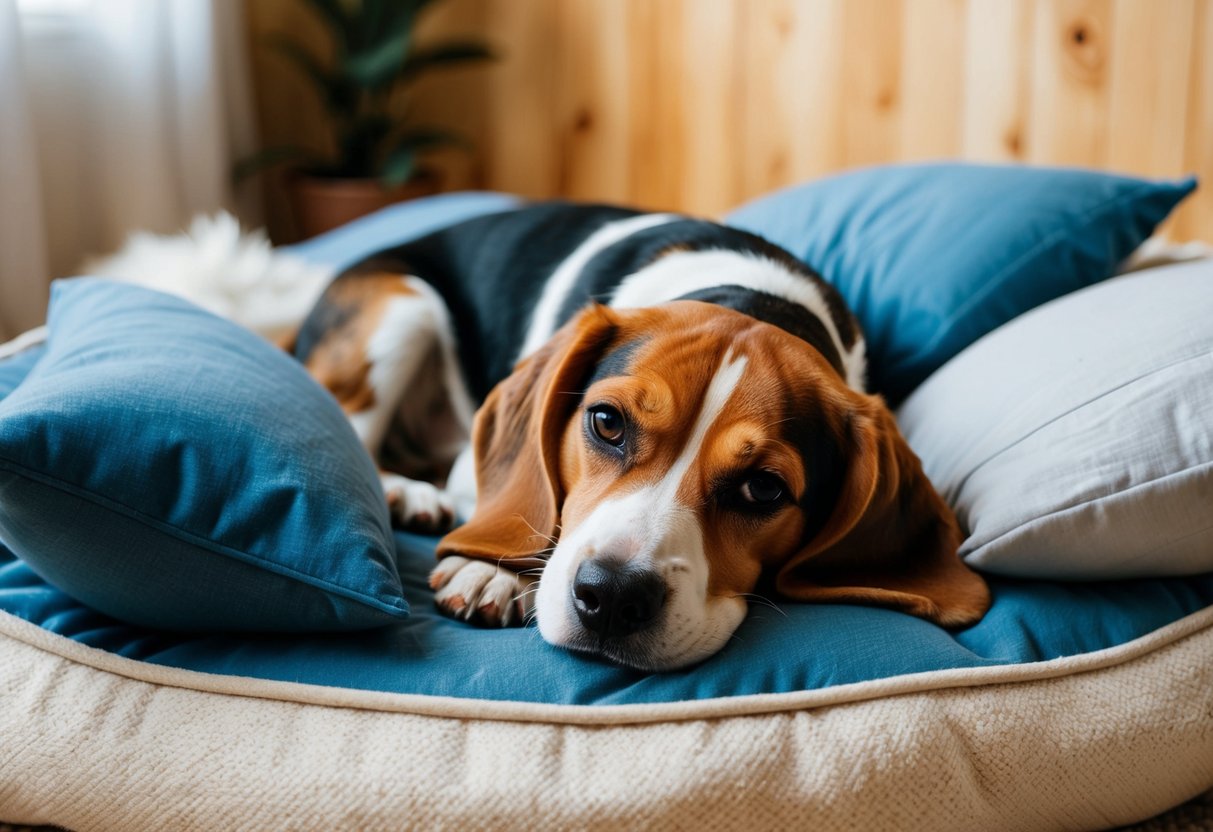 A beagle curls up in a cozy dog bed, surrounded by soft blankets and pillows, with a peaceful expression on its face