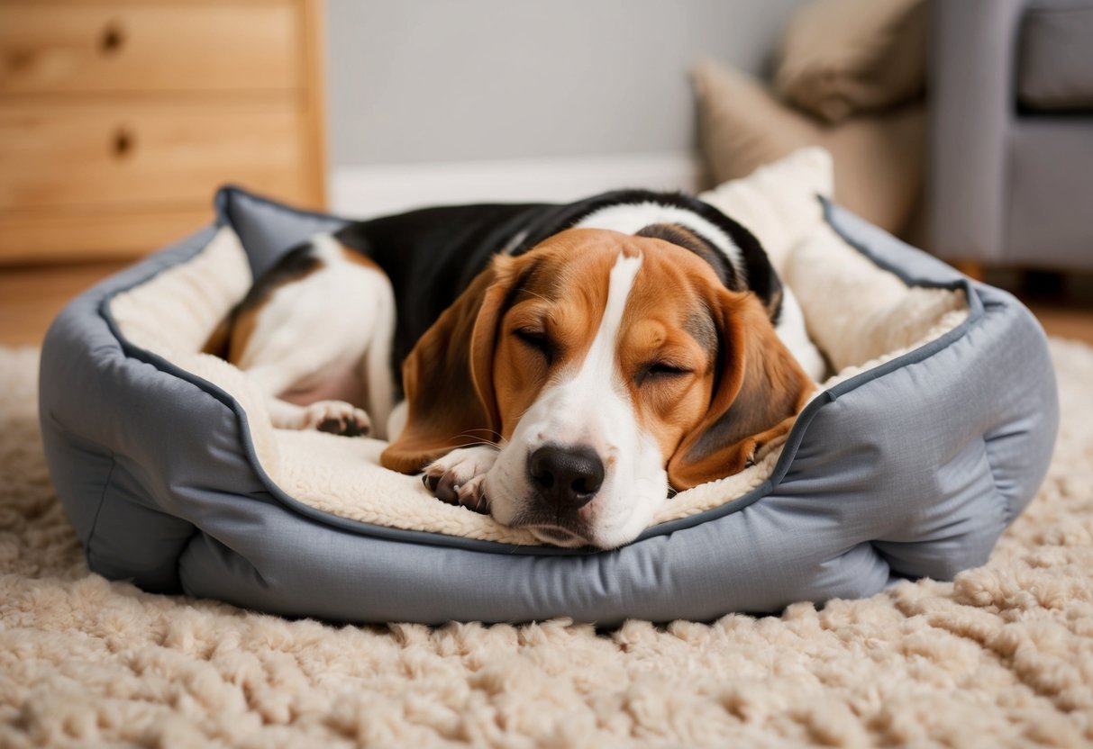 A beagle curled up in a cozy dog bed, surrounded by soft blankets and pillows, peacefully sleeping with its eyes closed
