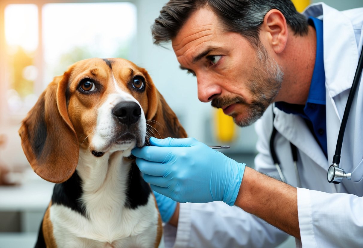 A vet examines a beagle's ears, checking for signs of infection or parasites, while the dog looks up with a curious expression