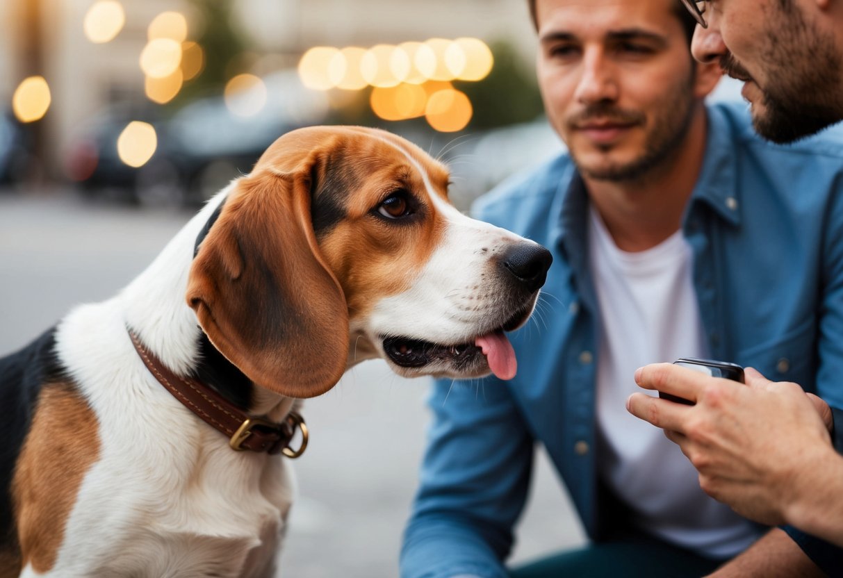 A beagle cautiously approaches a stranger, sniffing the air with curiosity