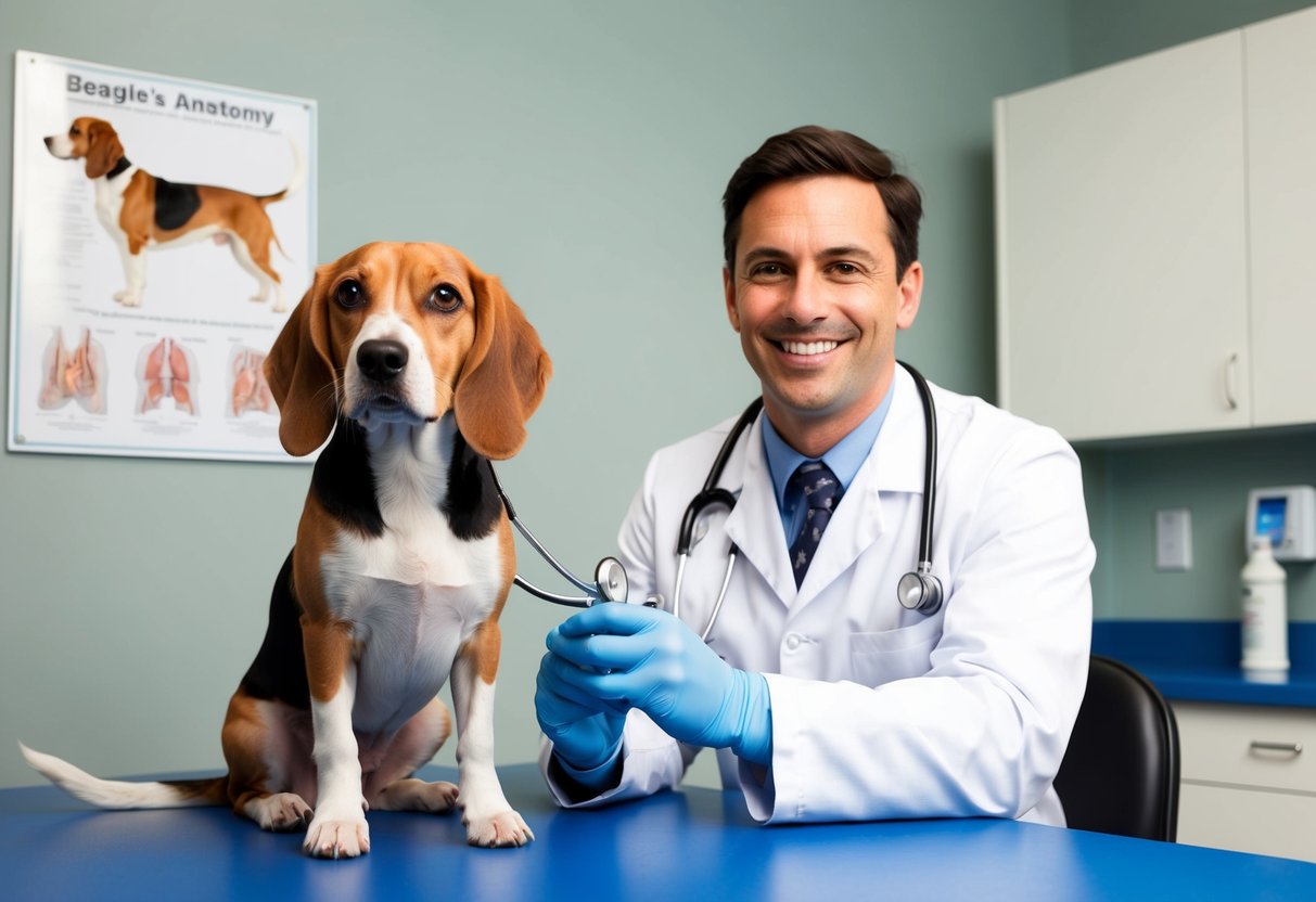 A beagle with long ears and a white-tipped tail sits next to a veterinarian, who is holding a stethoscope and smiling. A chart on the wall shows a beagle's anatomy