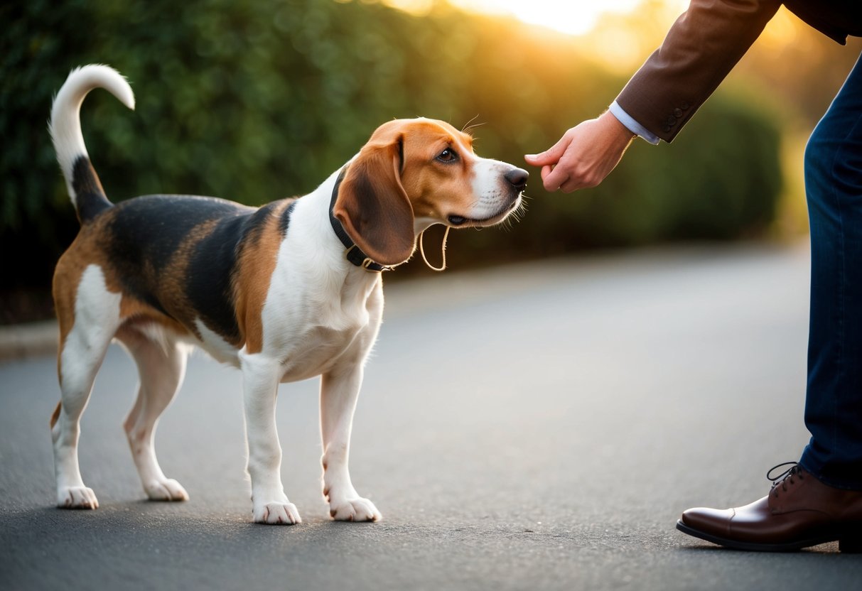 A beagle calmly greets a new stranger, wagging its tail and sniffing curiously