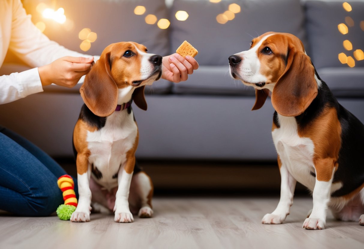 A beagle sits quietly with a toy, while a person gives it a treat for being calm