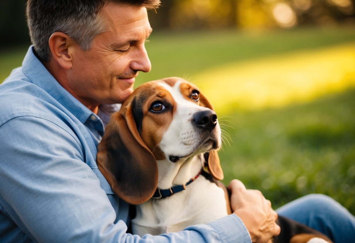 A beagle snuggles up to its owner, wagging its tail and looking up with adoring eyes