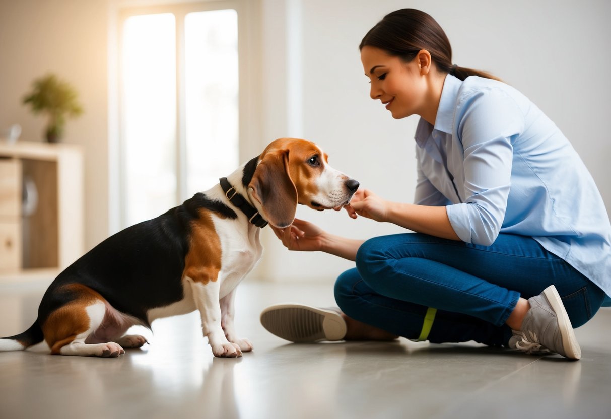 A beagle sits calmly, ears perked, as its owner patiently trains it to stop barking. The owner maintains consistency in their commands and rewards the dog for quiet behavior