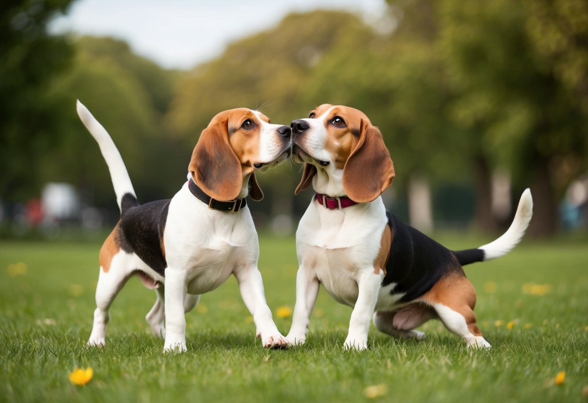 Two beagles playing together in a park, one looking up at the other attentively