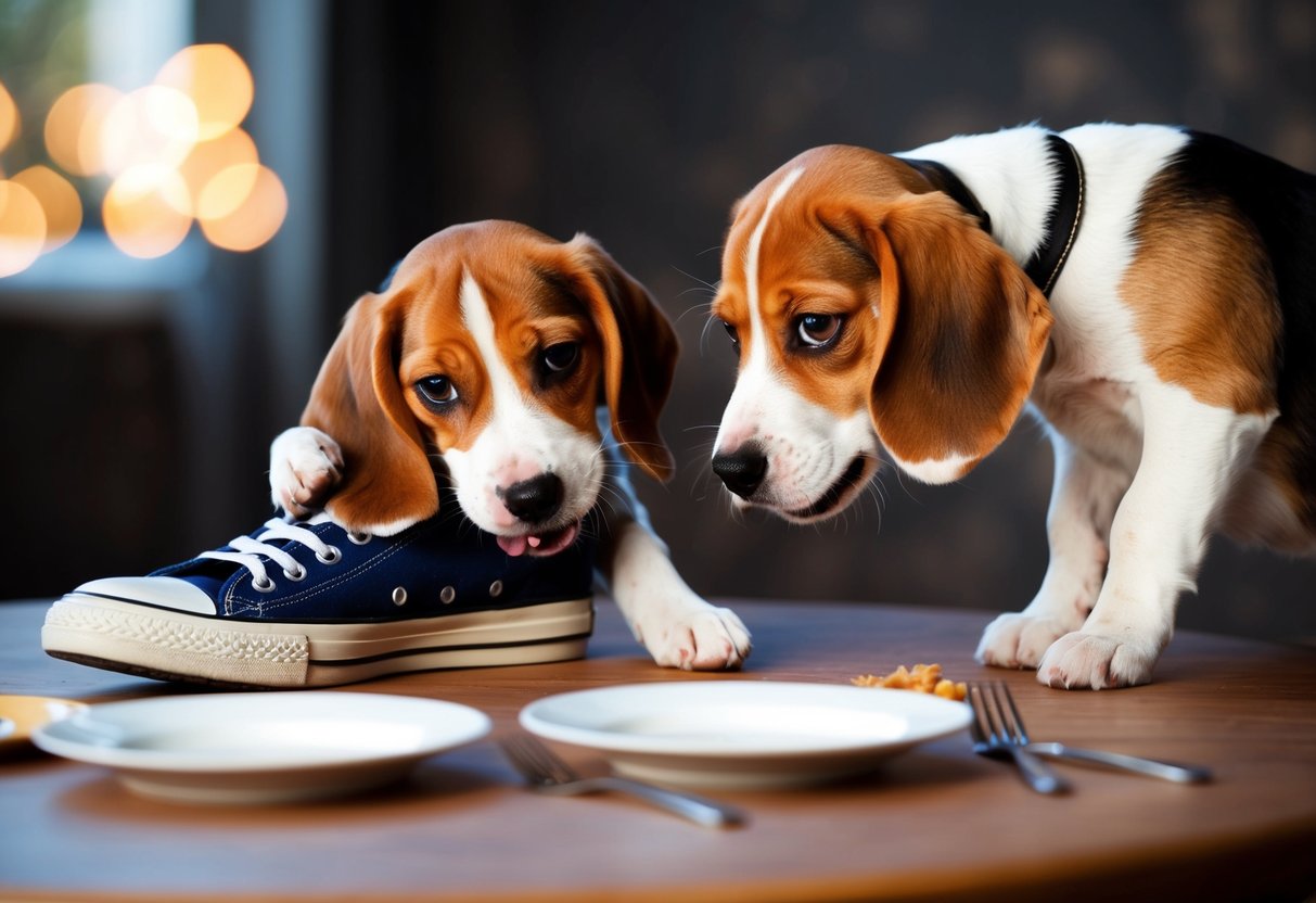 A beagle puppy chews on a shoe, while another pulls at a tablecloth, scattering dishes. They both have mischievous looks in their eyes
