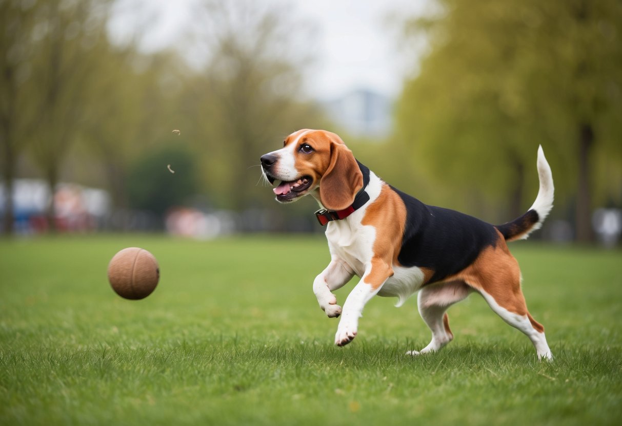A beagle eagerly plays fetch with its owner in a spacious, grassy park. The dog's tail wags excitedly as it chases after the thrown ball