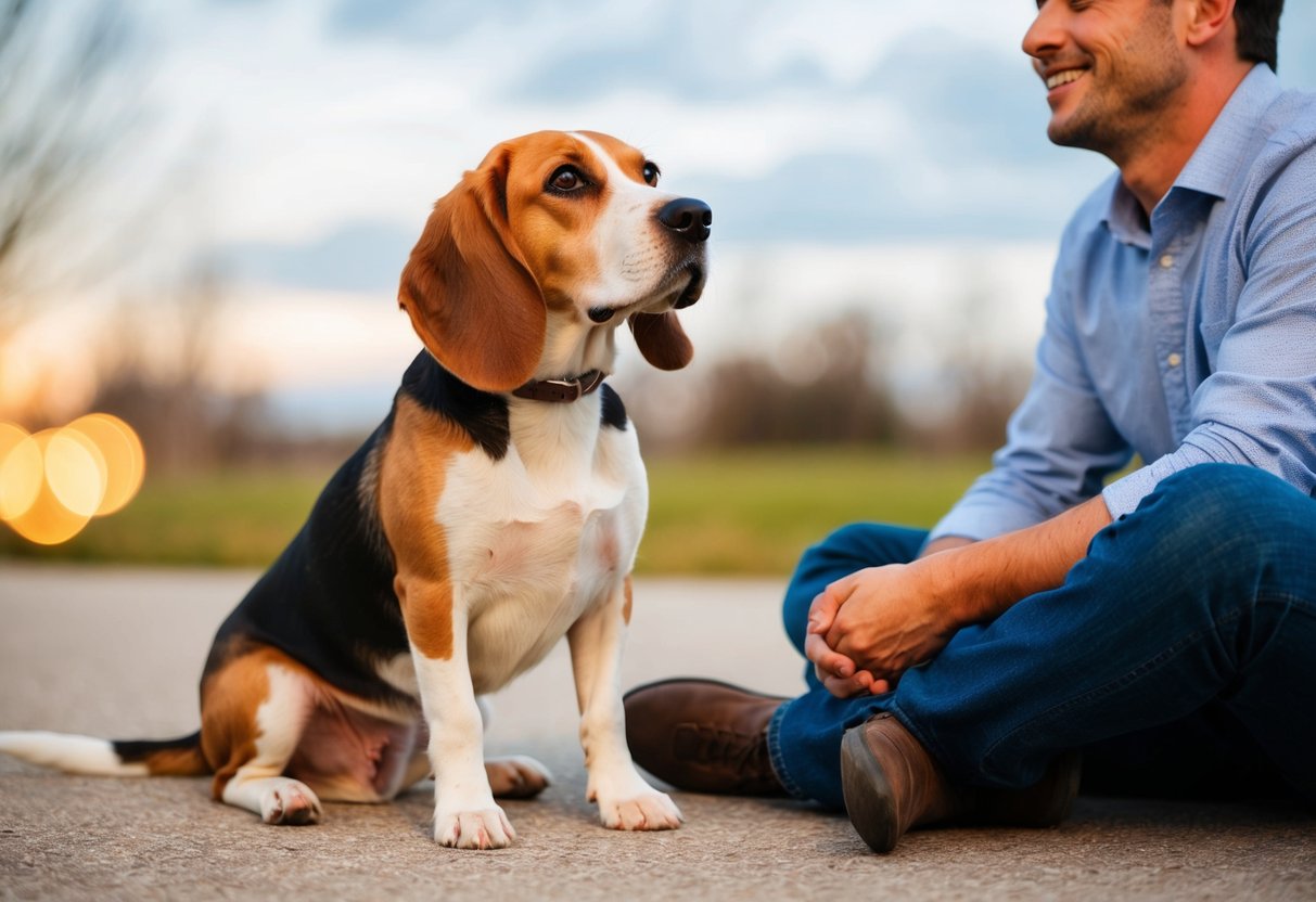 A beagle sitting faithfully at the feet of its owner, gazing up with adoring eyes