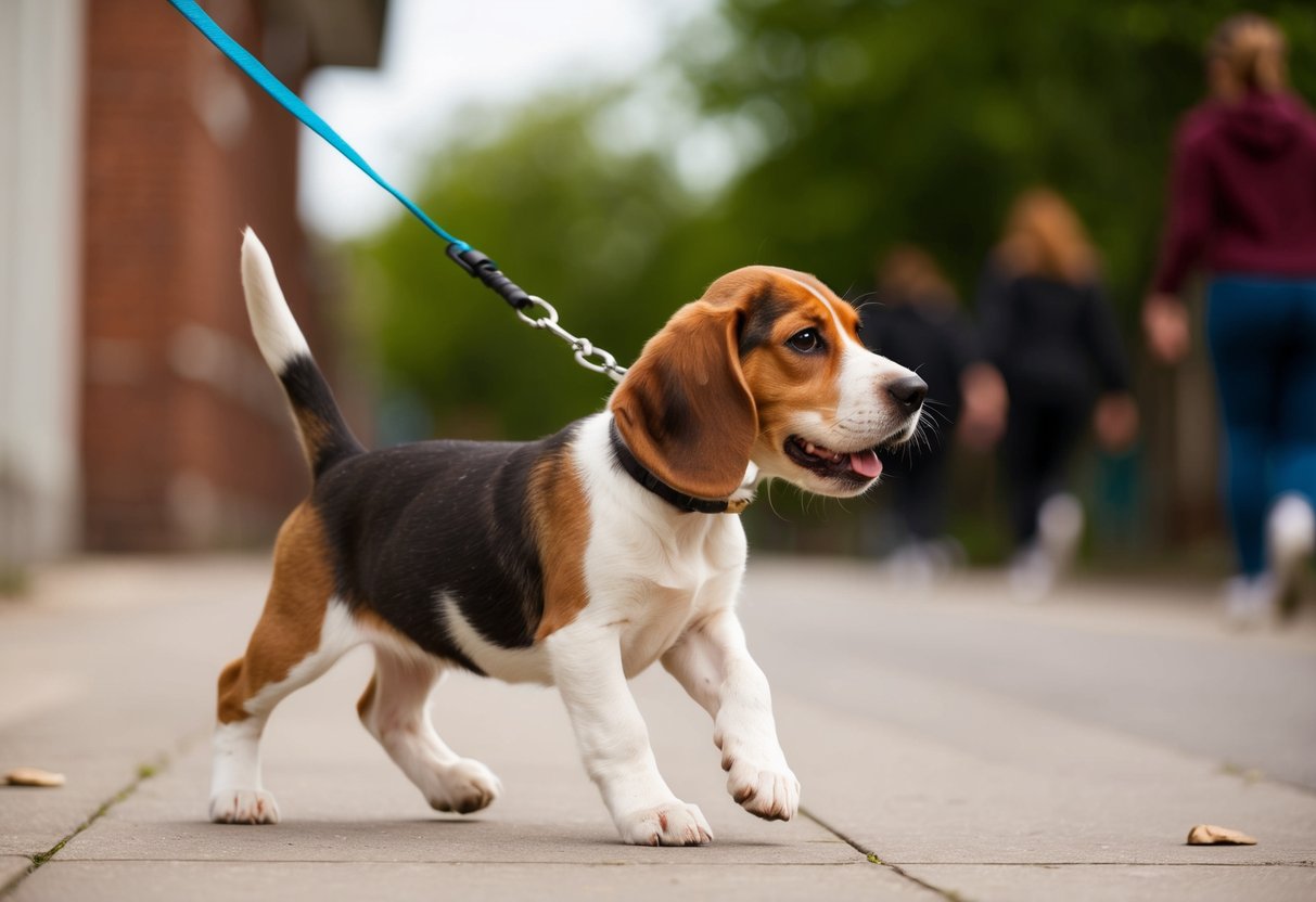 A beagle puppy eagerly pulls on a leash during a walk, its tail wagging and ears flopping as it explores the surroundings