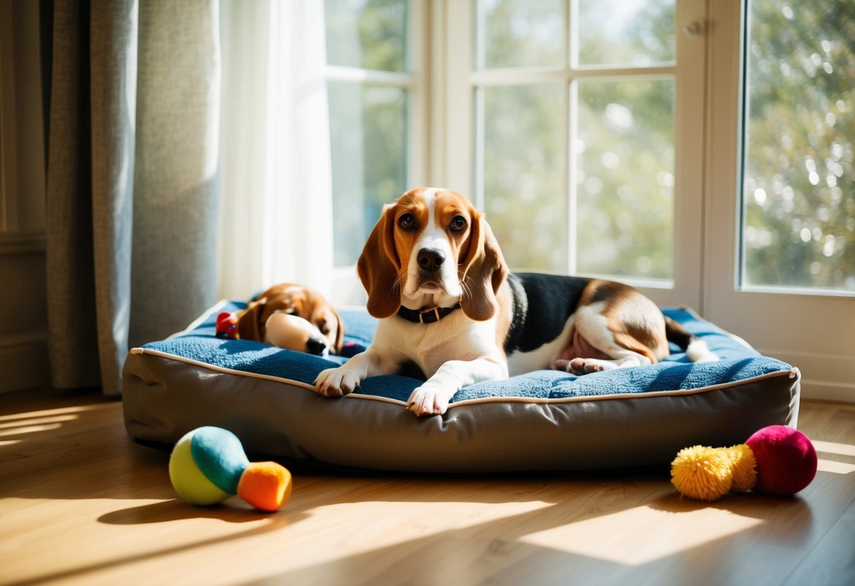 An indoor beagle lounges on a cozy dog bed surrounded by toys, with sunlight streaming in through a nearby window