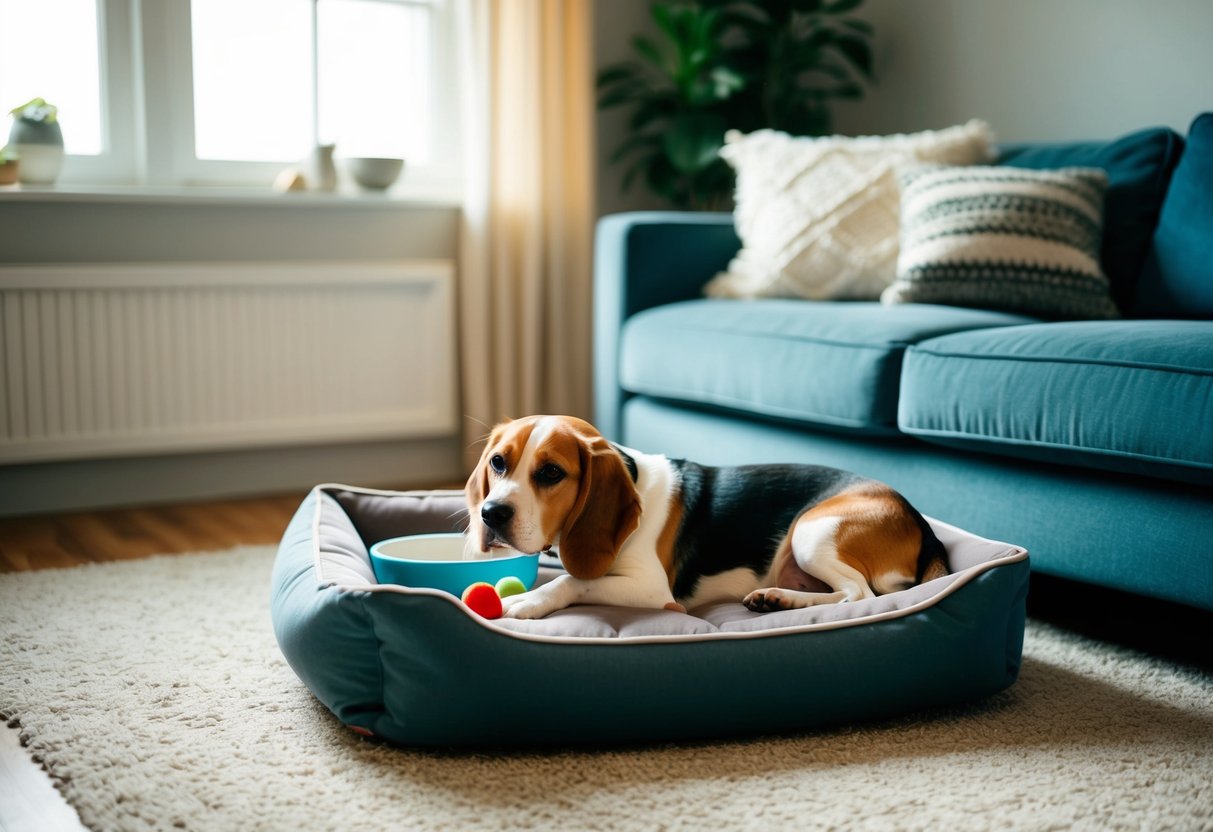 A cozy living room with a plush dog bed, toys, and a bowl of water. A window lets in natural light, and a Beagle lounges contentedly