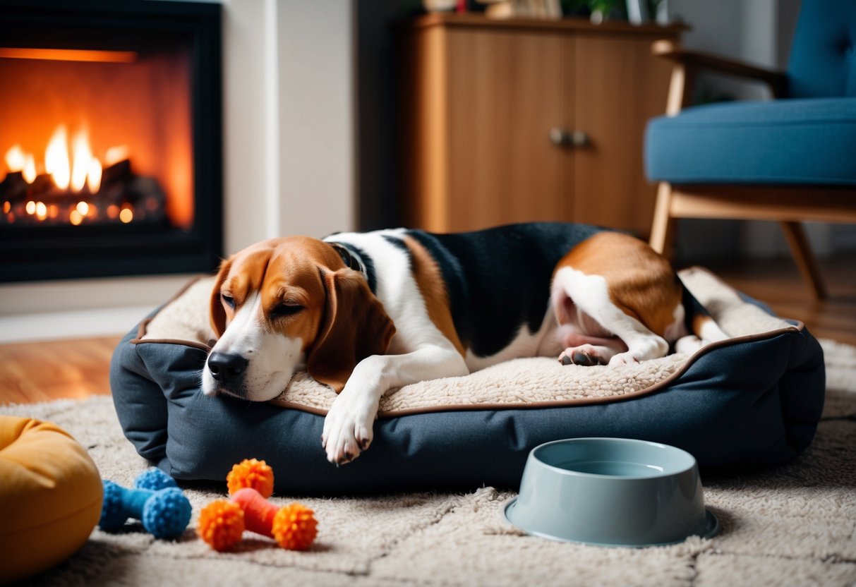 A senior beagle napping on a cozy dog bed next to a warm fireplace, surrounded by toys and a bowl of water