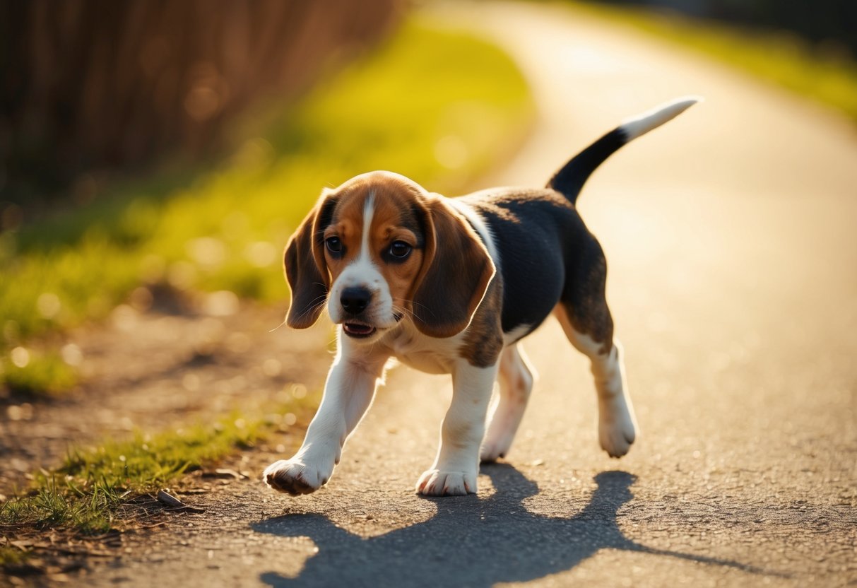 A beagle puppy trots along a path, ears flopping, tail wagging. The sun casts a warm glow as the puppy explores the world around it