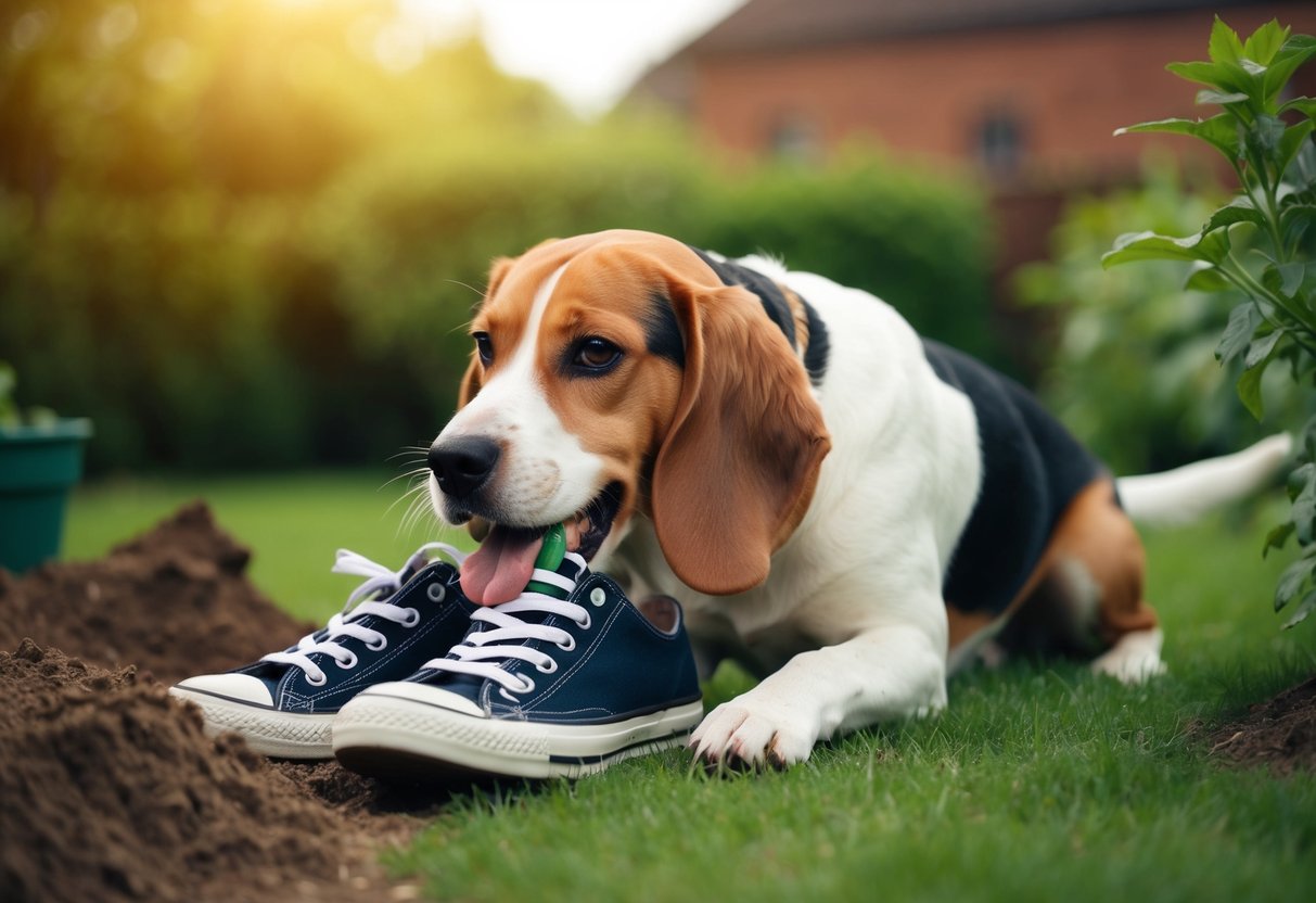 A beagle chewing up a pair of shoes, digging up a garden, and howling loudly