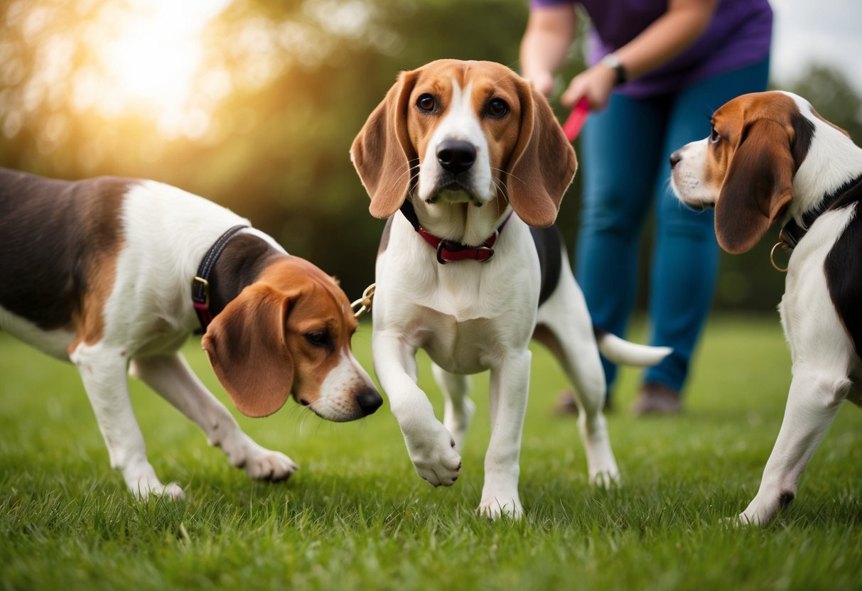A beagle struggles to focus during training, distracted by scents and sounds. It hesitates to socialize with other dogs, appearing shy and reserved