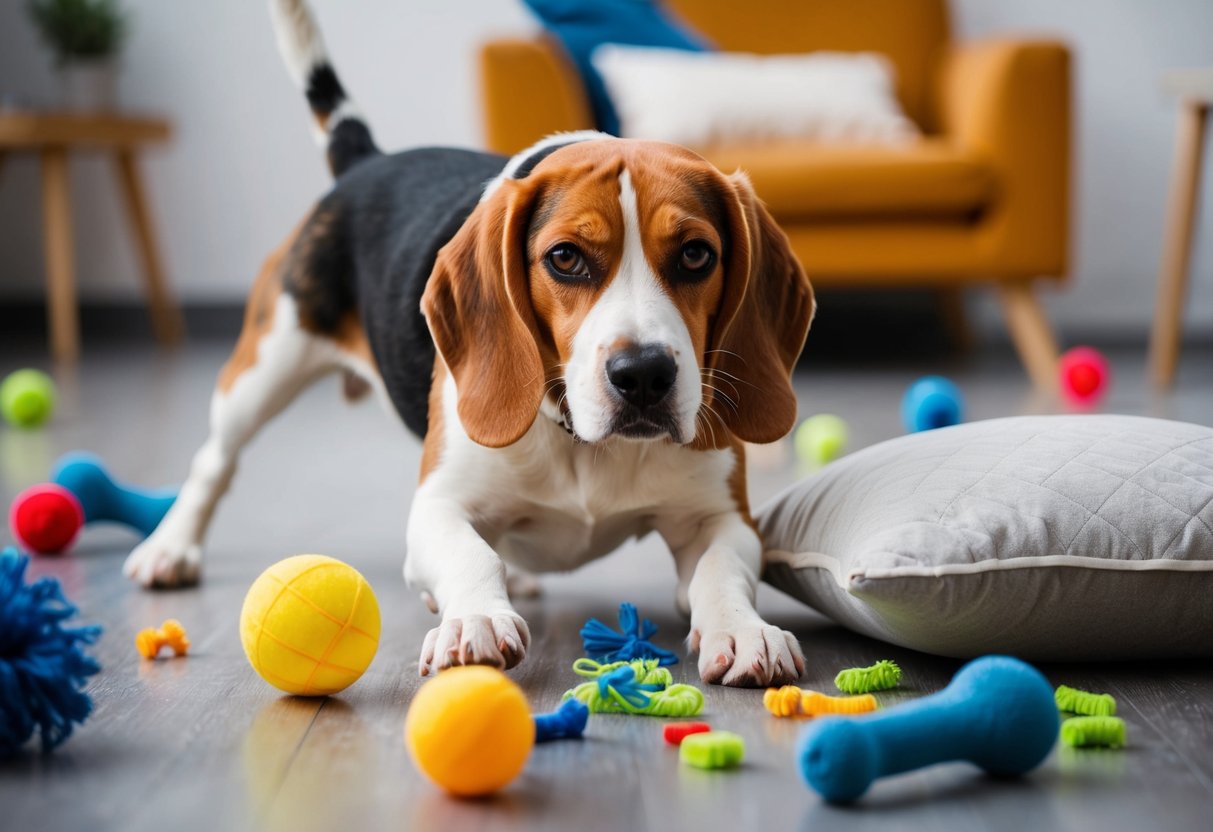 A beagle struggling to focus on training, surrounded by scattered toys and a torn-up pillow