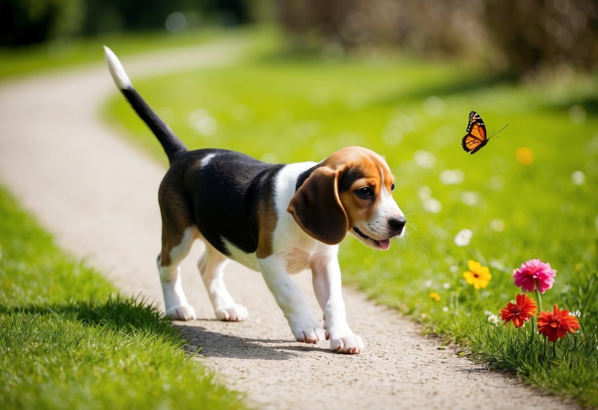 A beagle puppy walks on a grassy path, pausing to sniff flowers and chase butterflies. The sun is shining and the puppy looks happy and energetic