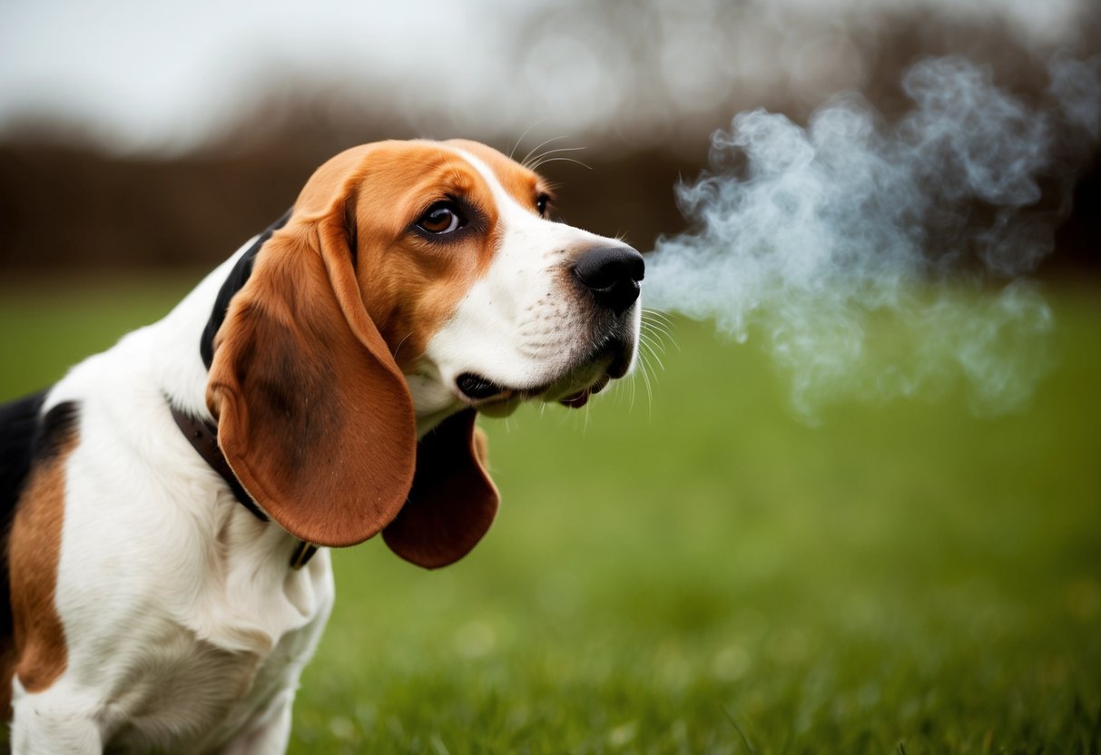 A beagle wrinkling its nose and turning away from a strong, pungent smell