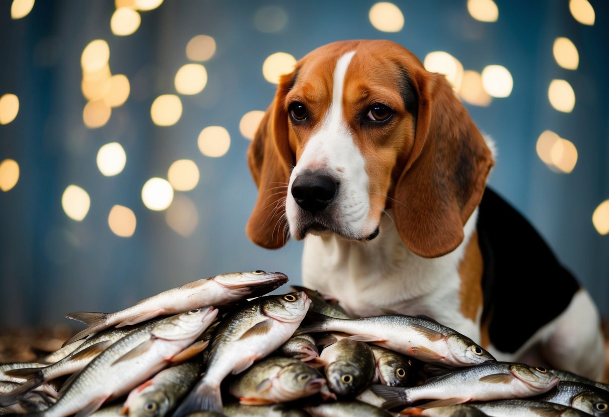 A beagle recoils from a pile of rotting fish, wrinkling its nose in disgust