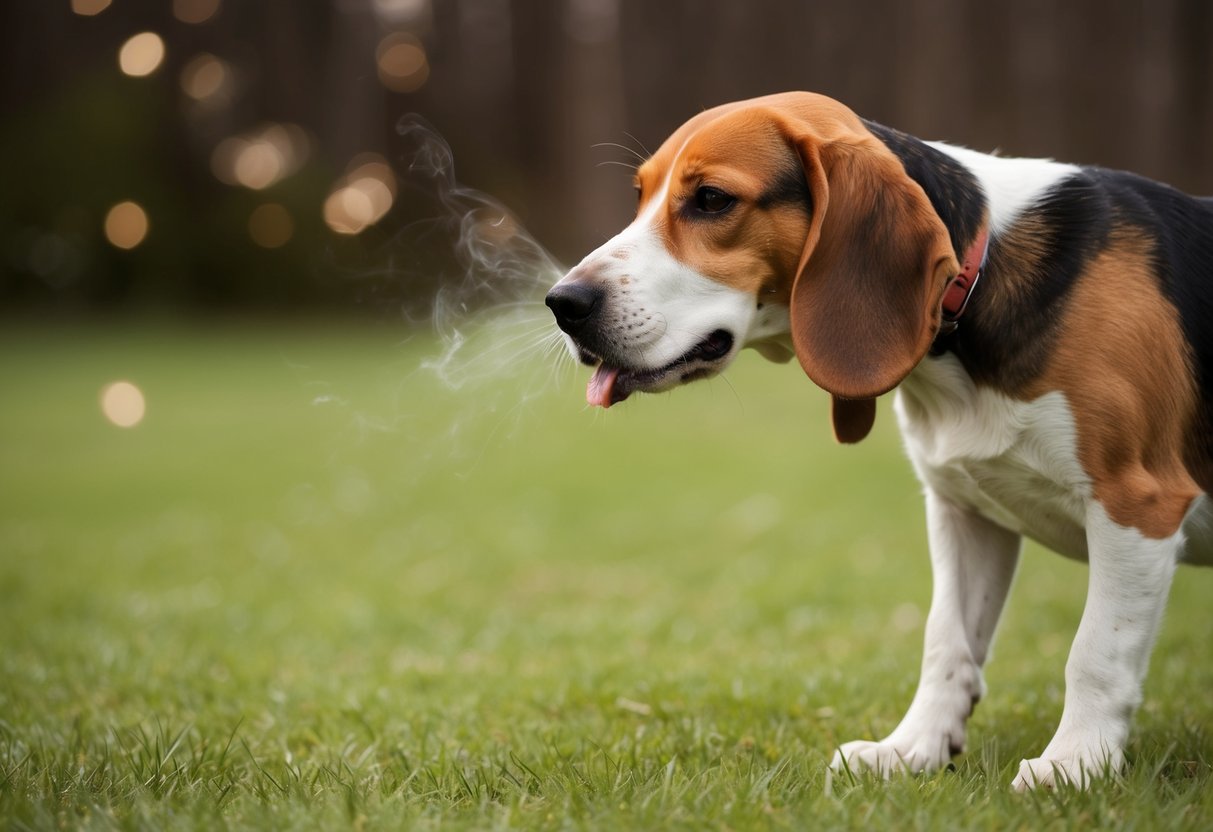 A beagle recoiling from a pungent smell, wrinkling its nose and turning away