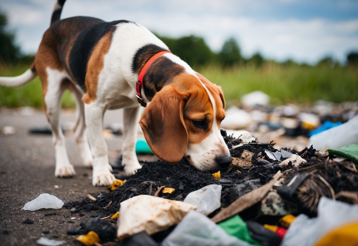 A beagle sniffing a pile of rotting garbage with a wrinkled nose