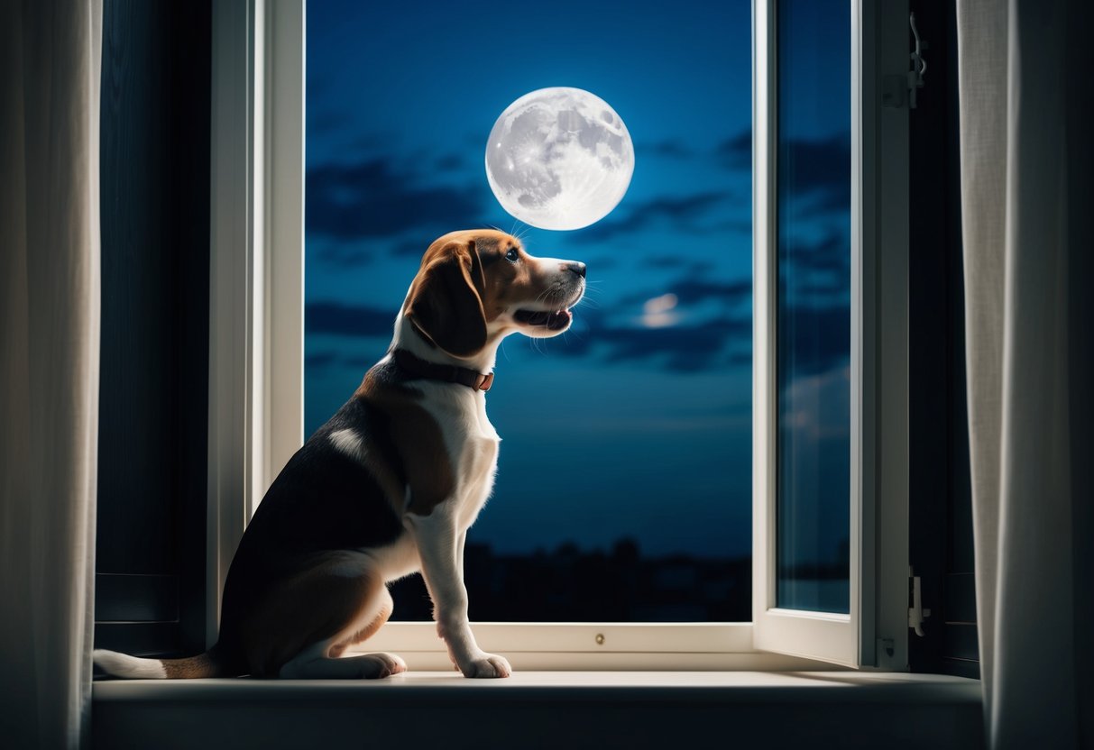 A beagle sits in a dark room, barking at the moon outside the window