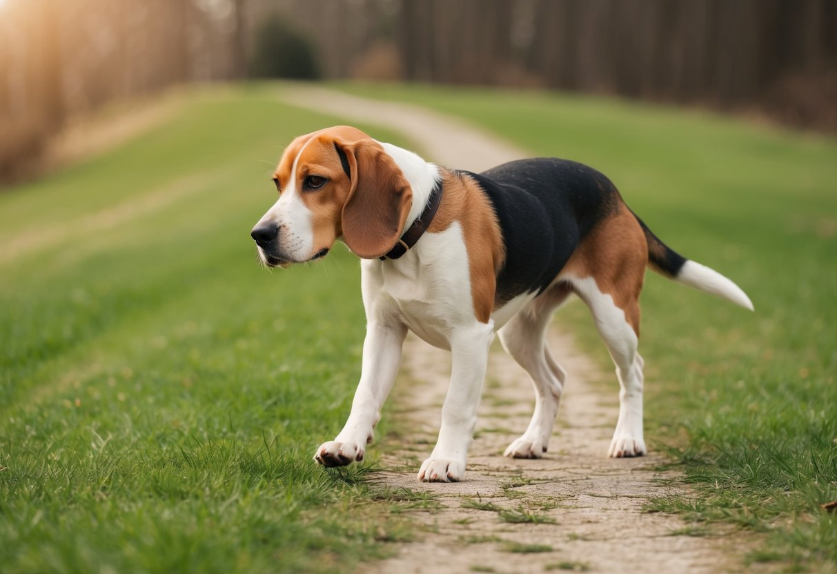 A beagle limps on a grassy path, favoring one hind leg