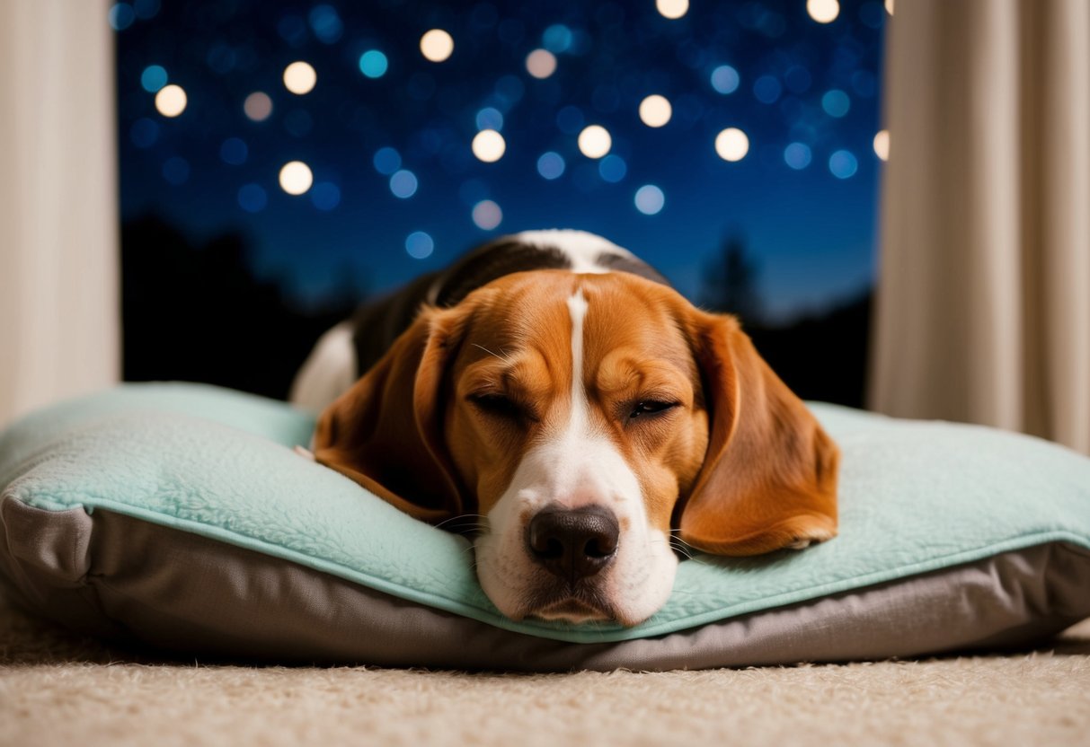 A beagle peacefully sleeping in its cozy bed under a starry night sky, surrounded by calm and quiet surroundings