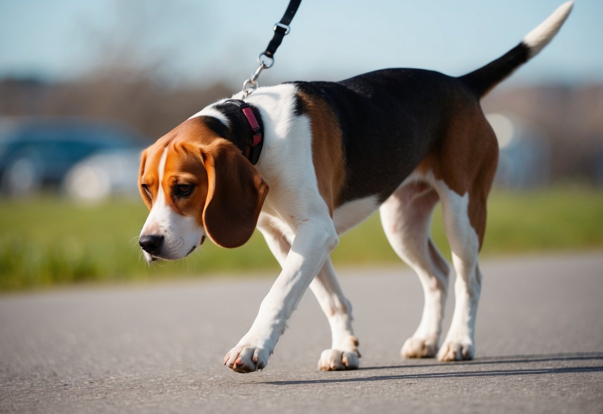 A beagle with a limp, favoring one leg while walking