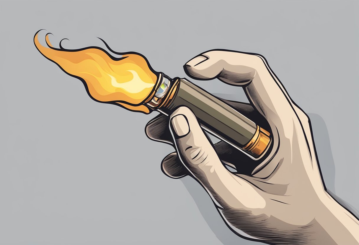 A hand holding a one hitter, lighting the end with a small flame