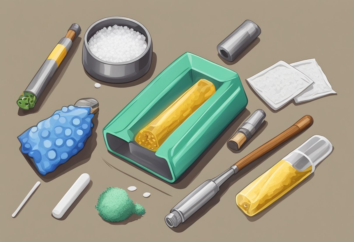 A dugout one hitter sits in a small container of isopropyl alcohol, surrounded by cleaning tools and a paper towel