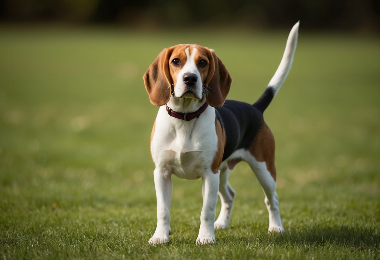 A beagle standing alert with its tail wagging, ears hanging low, and a distinct white-tipped tail, showcasing its purebred characteristics