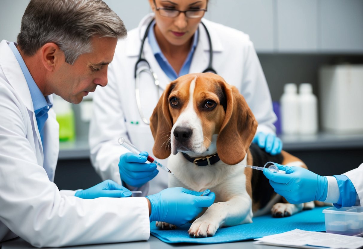 A beagle with excessive thirst and urination, accompanied by weakness and weight loss, while a veterinarian conducts blood and urine tests