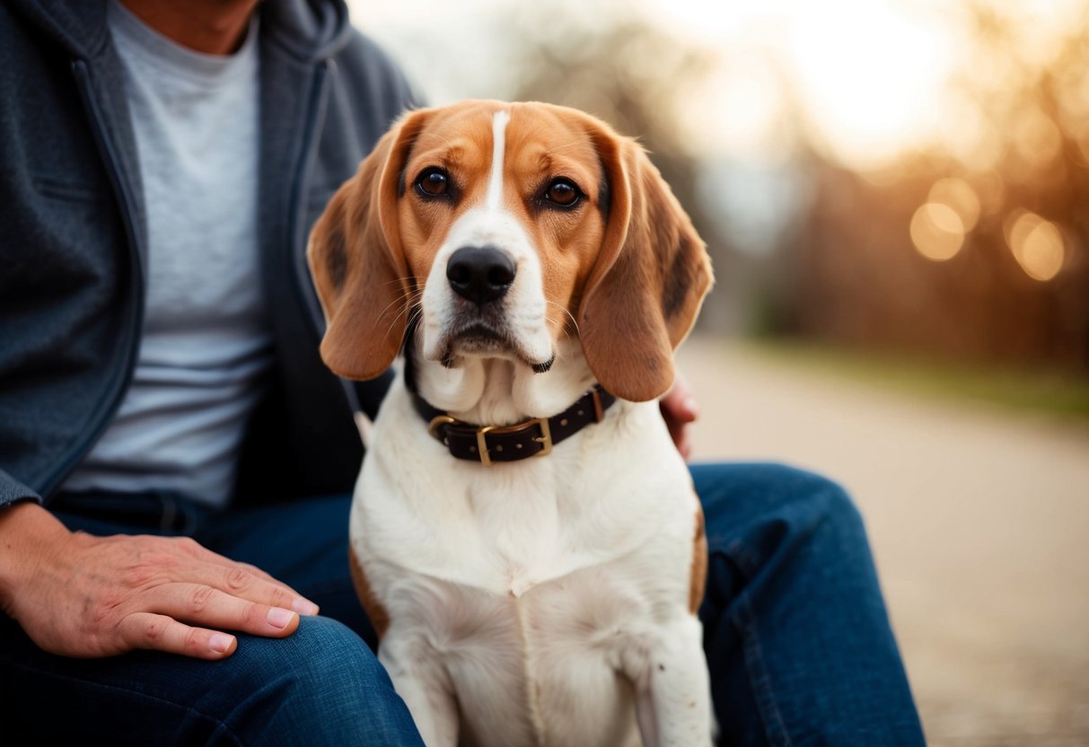 A beagle wearing a calm expression with closed mouth, sitting quietly beside its owner