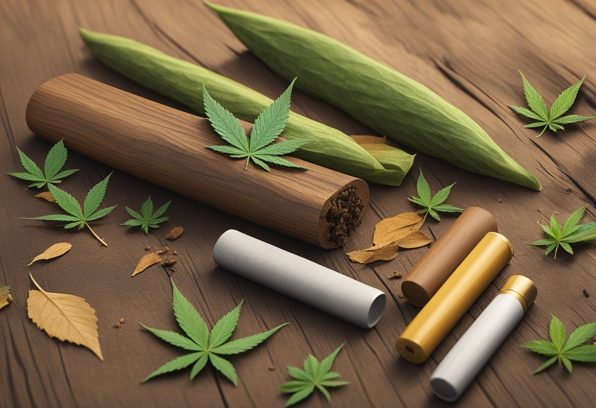 A wooden dugout one-hitter sits on a rustic tabletop, surrounded by scattered tobacco leaves and a small pile of ground cannabis