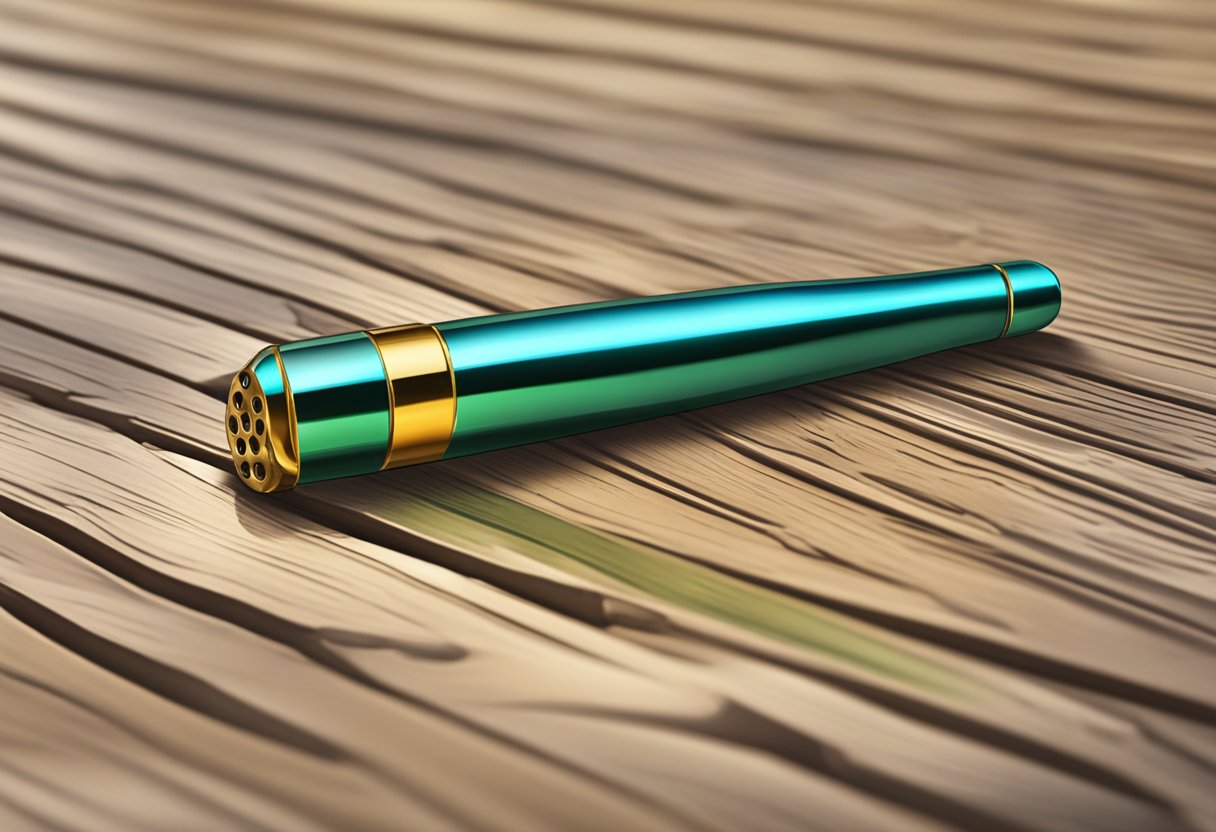 A small, metallic one hitter bullet pipe resting on a wooden table