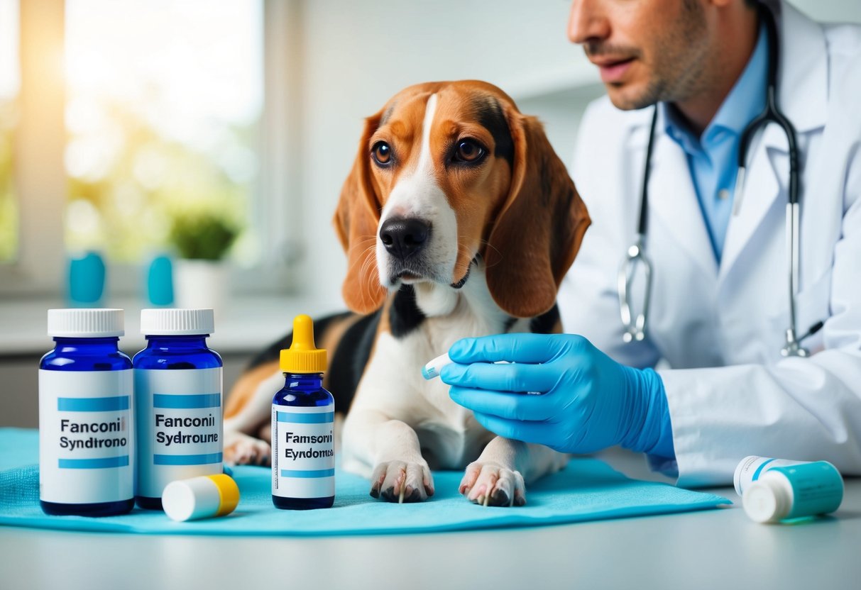 A beagle receiving treatment for Fanconi syndrome, surrounded by medication bottles and a veterinarian explaining management options