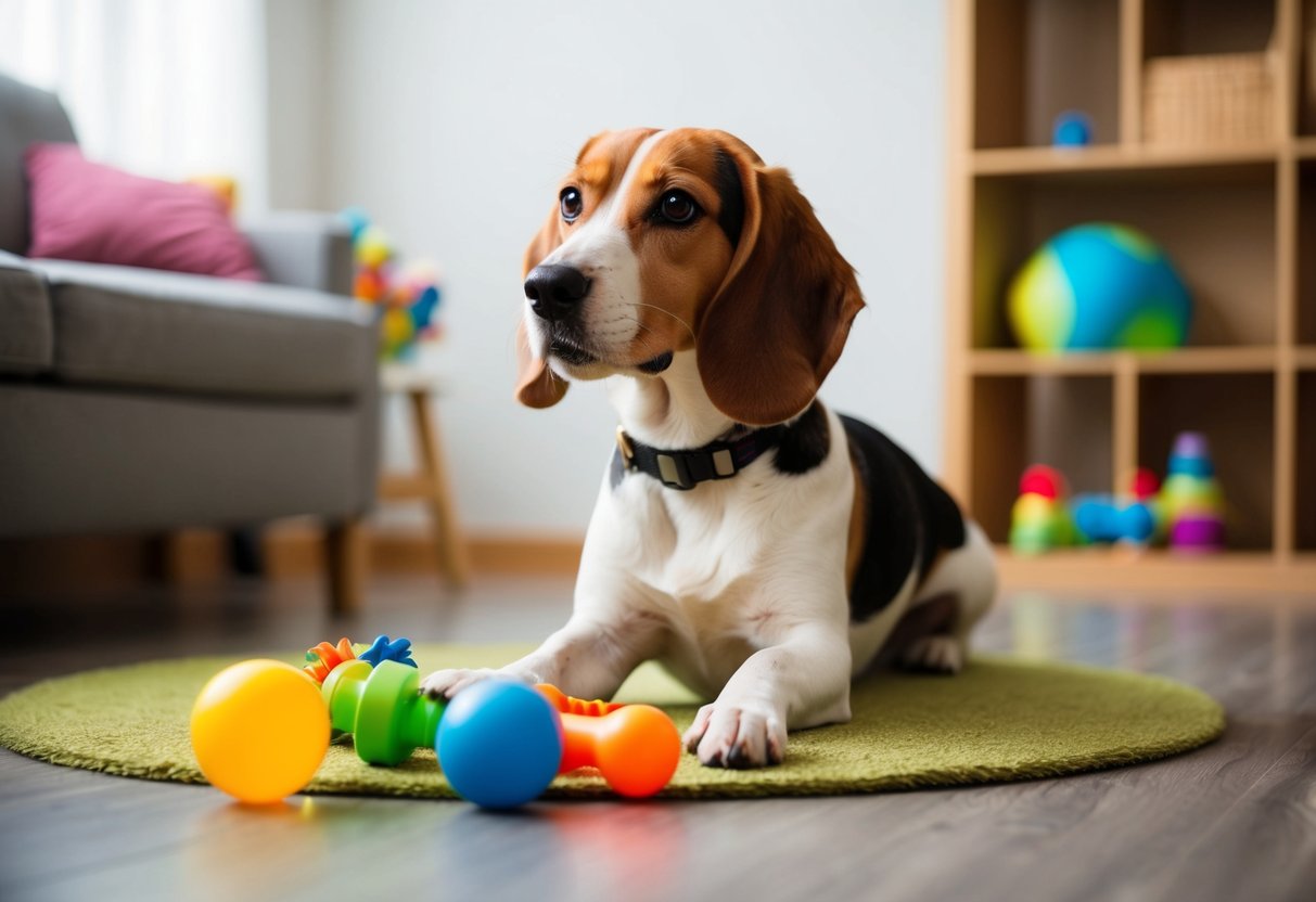 A beagle wearing a no-bark collar while playing with a variety of toys and engaging in mental stimulation activities