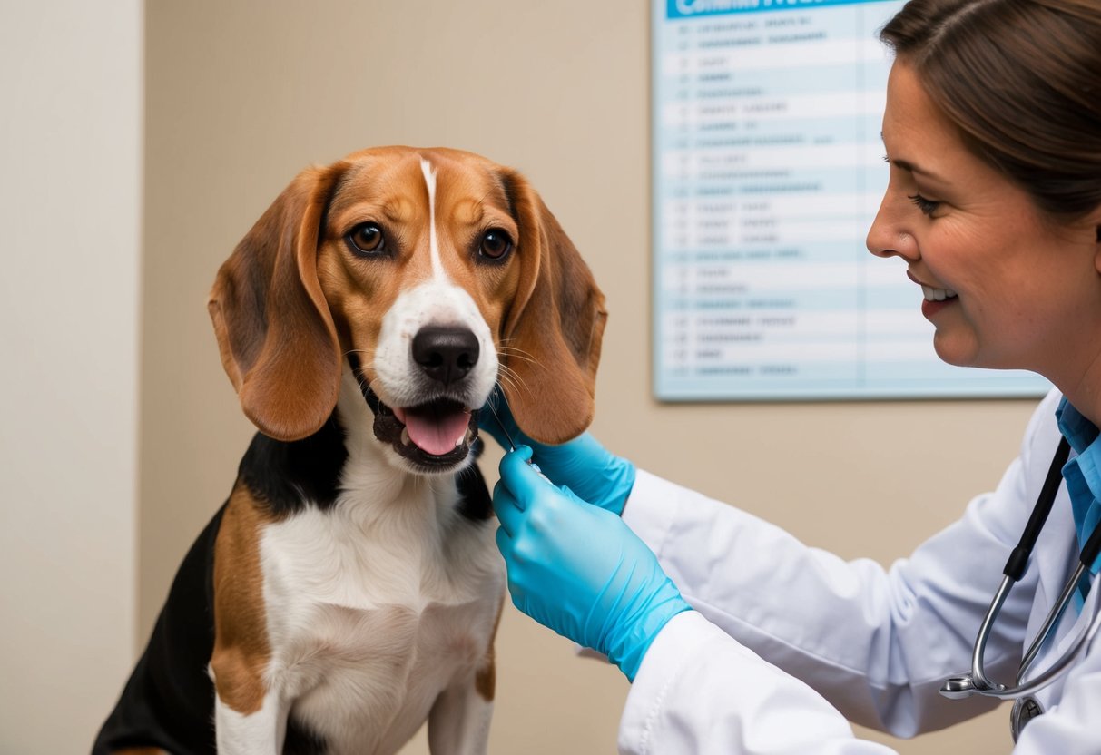 A beagle receiving a check-up at the vet, with a veterinarian examining its ears and teeth, while a chart on the wall lists common health issues
